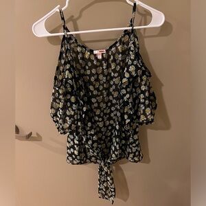 Black Sheer Daisy Print Front Tie Top